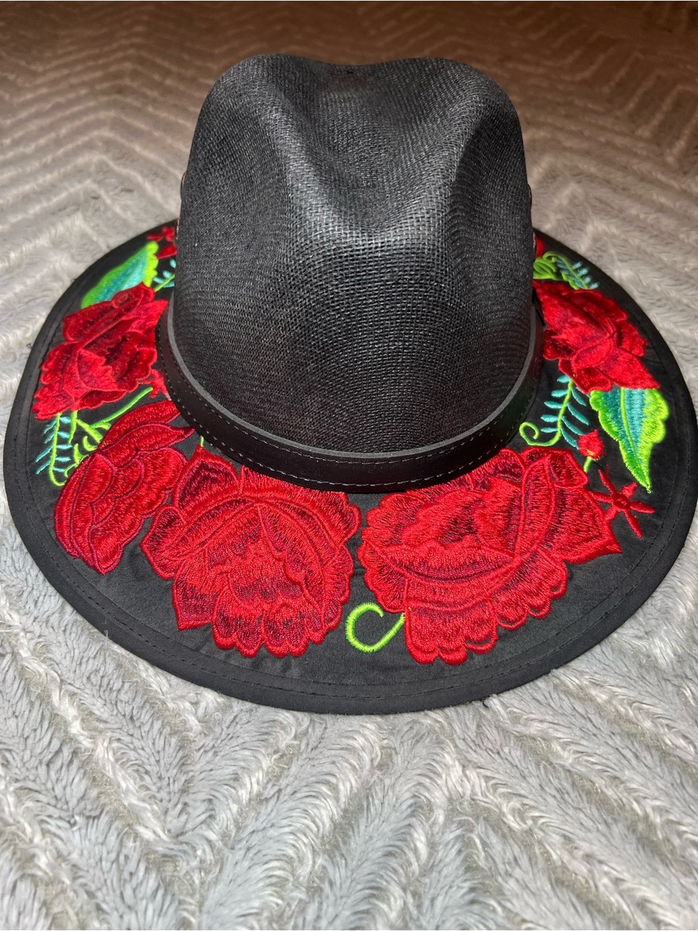& Other Stories Black Fedora with Red Rose Embroidery